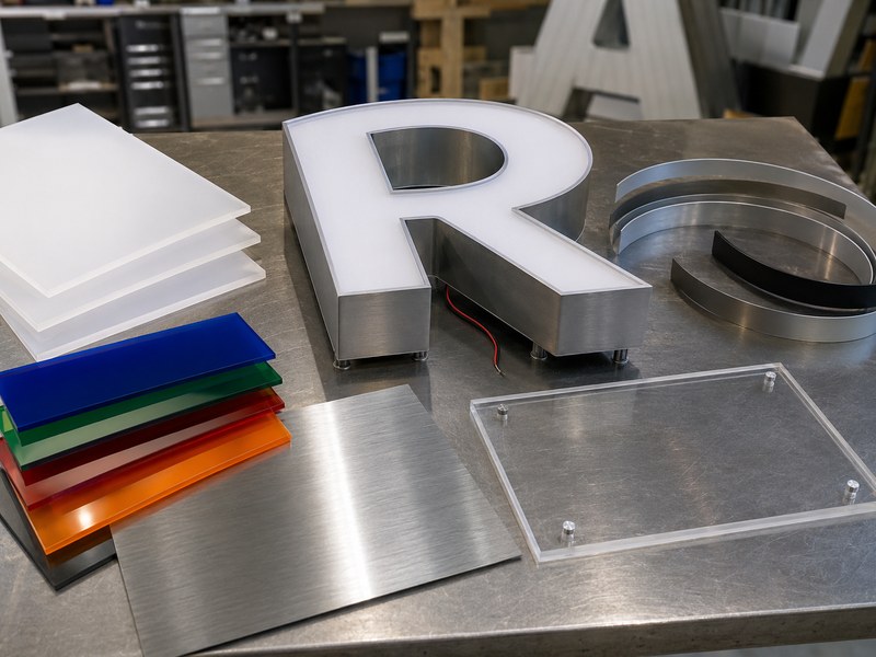 Acrylic, aluminum, and stainless steel materials used for channel letters