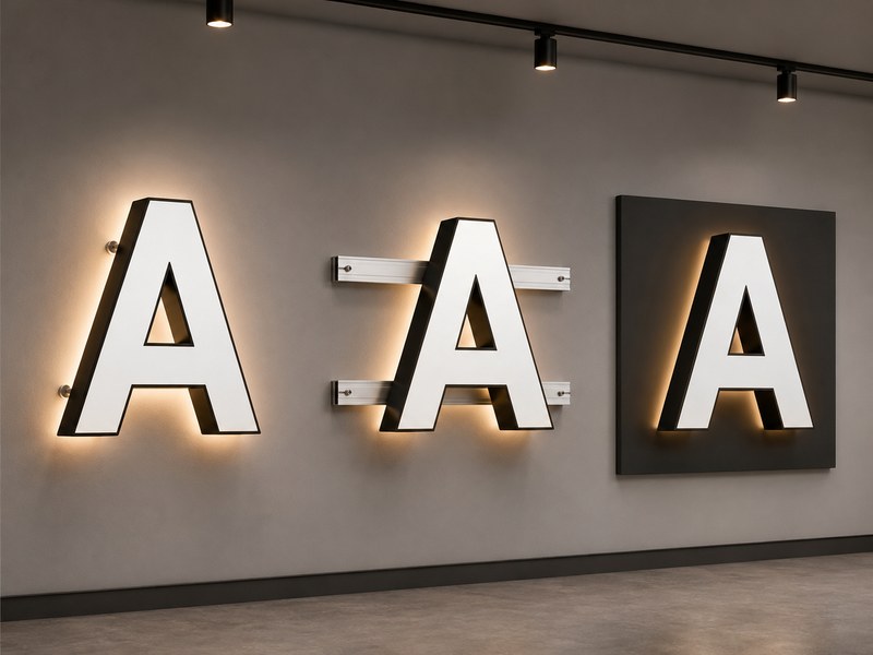 Individually mounted, raceway-mounted and backer-panel channel letter systems displayed for installation comparison