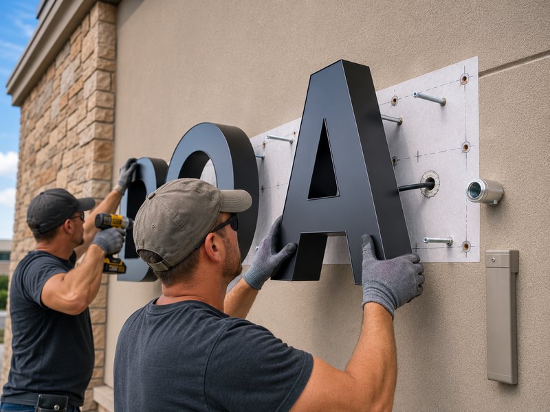 Channel letter mounting hardware, wire exits, sealing, and weather protection