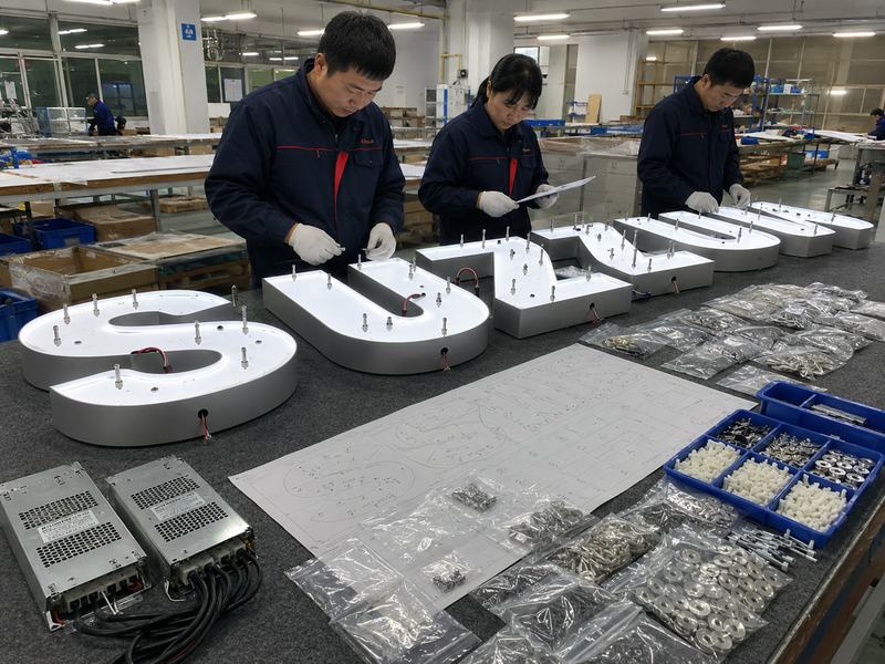 Final inspection of channel letter mounting holes, studs, wire exits, templates, and installation accessories