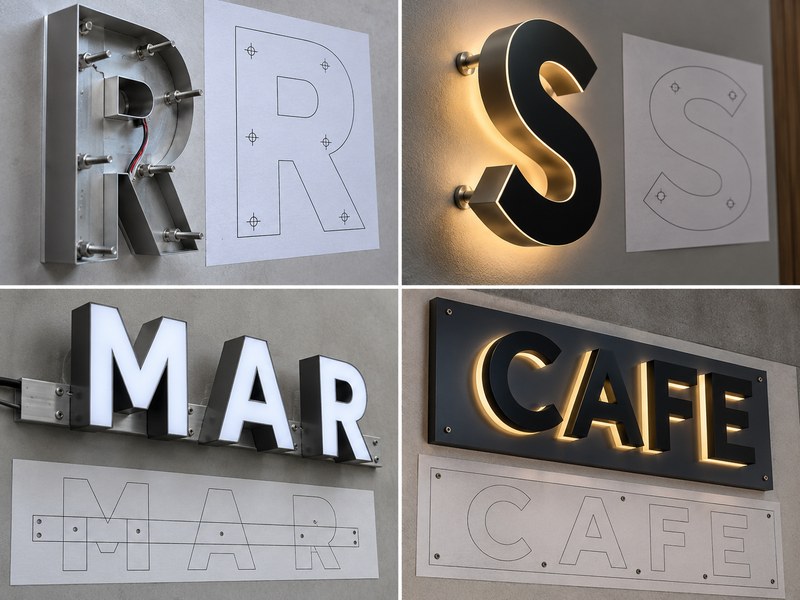 Installation template layouts for direct mount, halo-lit, raceway, and backboard channel letters