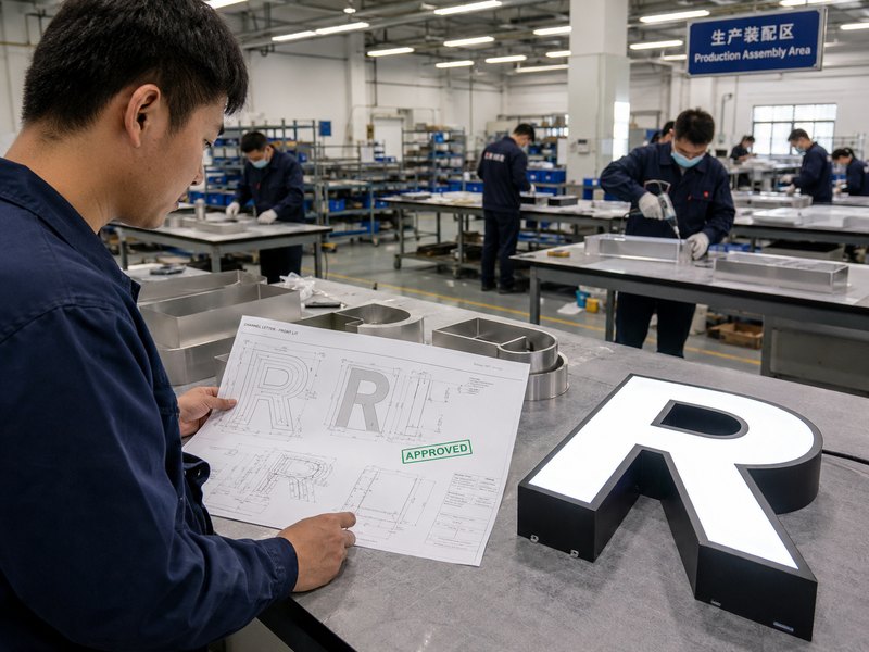 Channel letter outsourcing process from approved drawing to factory production