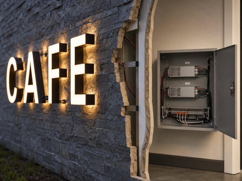 Remote LED power supplies installed in a dry and accessible space behind individually mounted channel letters