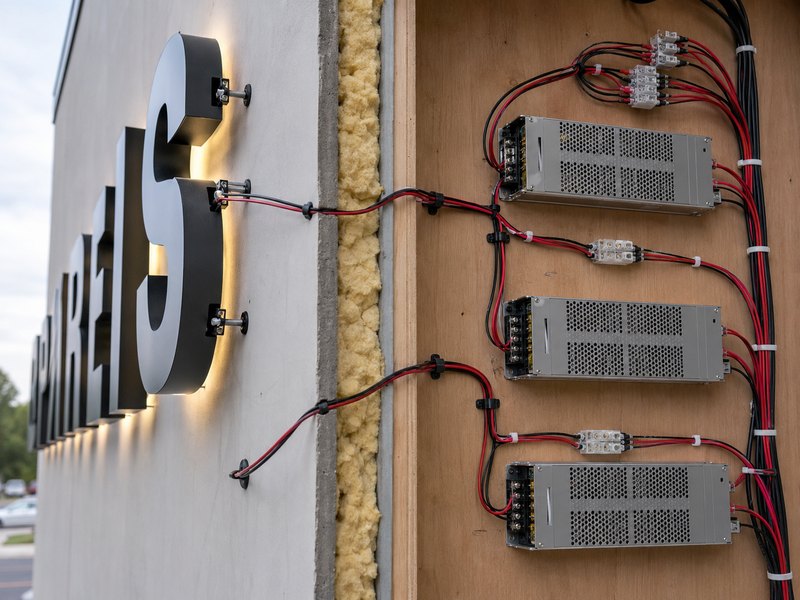 Low-voltage branch wiring connecting individually mounted channel letters to labeled remote power supplies