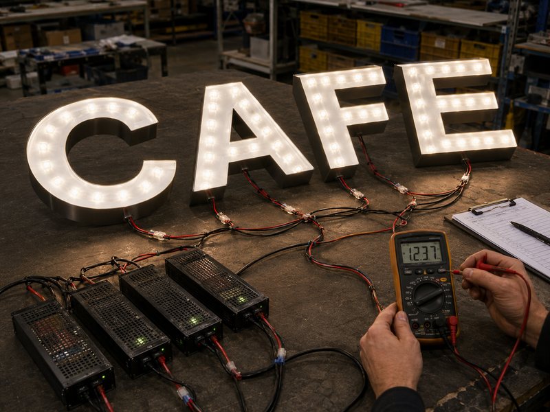 Channel letter LED branches, power supplies, wiring, and voltage testing