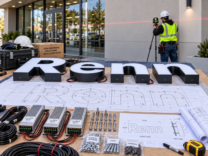 Channel letter pre-installation check with template, hardware and shop drawing