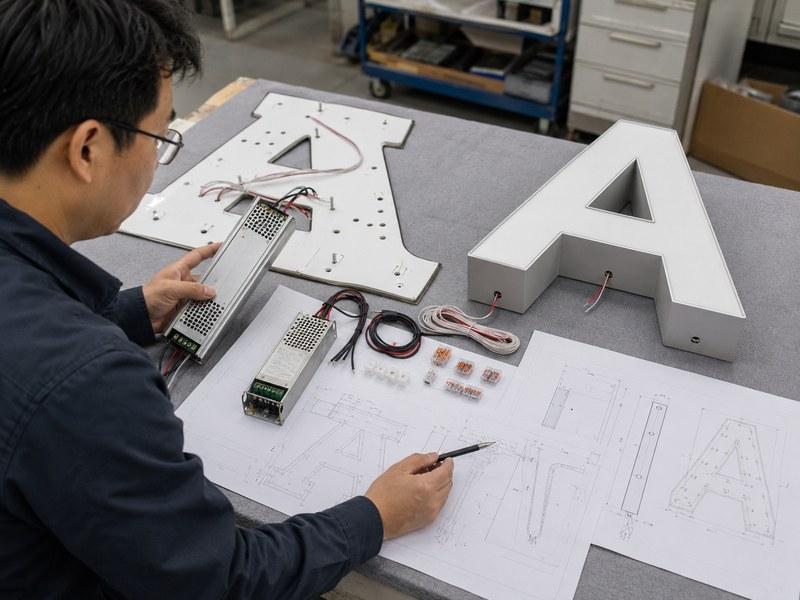 Engineer confirming power supplies, wiring groups, wire exits and mounting details before channel letter production