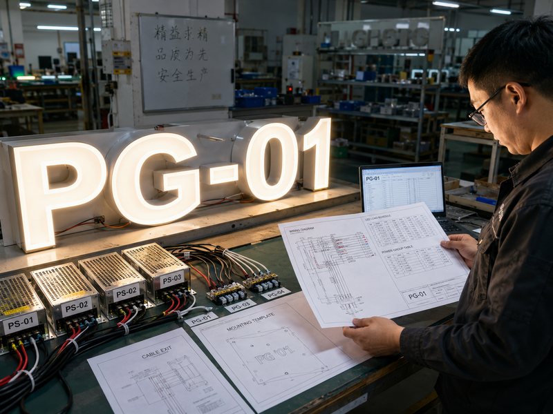 Pre-production review of channel letter wiring diagrams power groups and cable exits