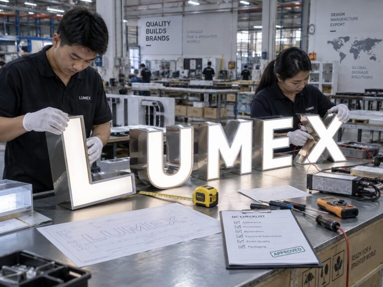 Pre-shipment inspection of finished LED channel letters at a sign factory