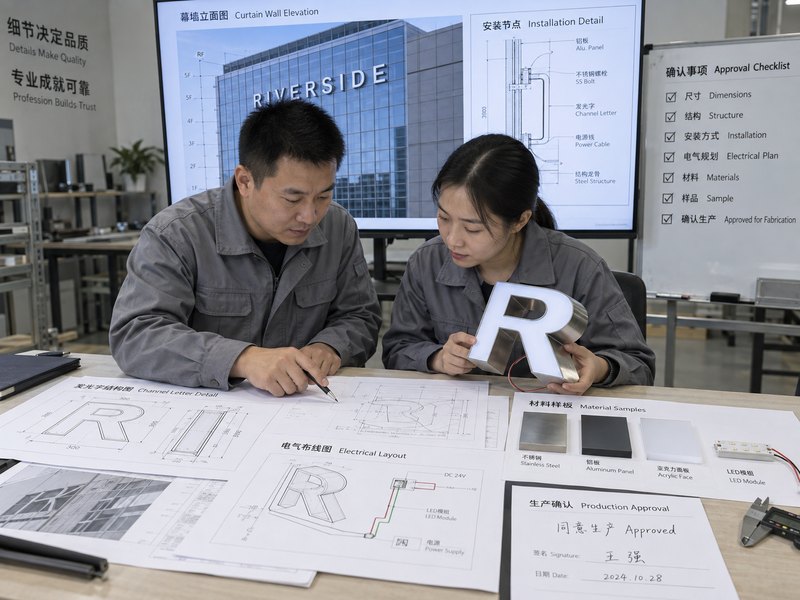 Pre-production approval for curtain wall channel letters with drawings and sample