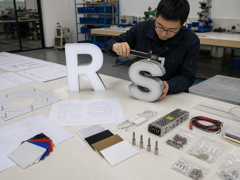 Channel letter samples, drawings, materials, and mounting details checked before production