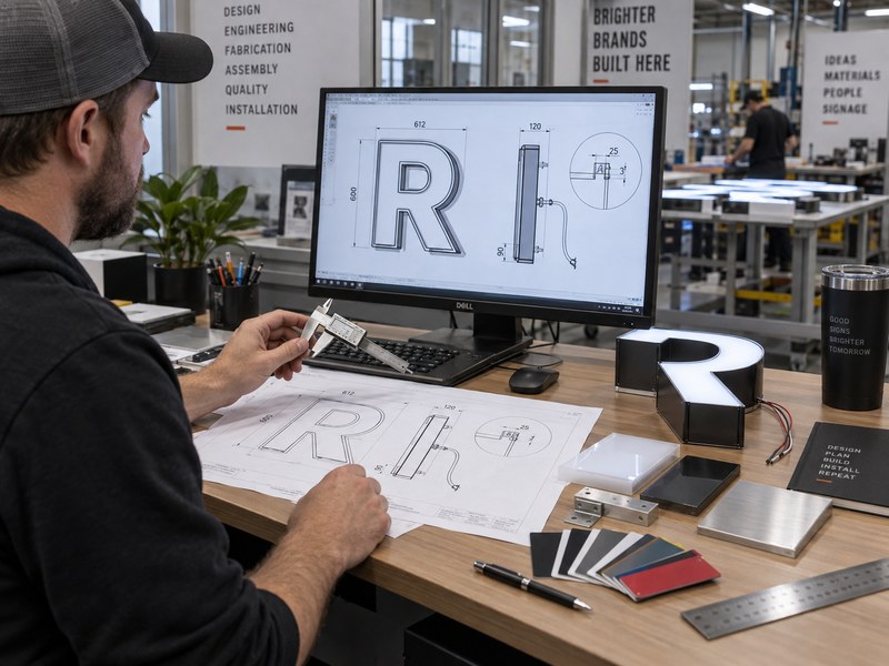 Engineer preparing production drawings for custom channel letters