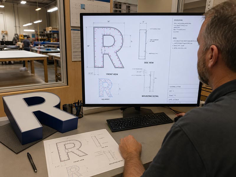LED channel letter production drawing with size markings LED layout and installation details