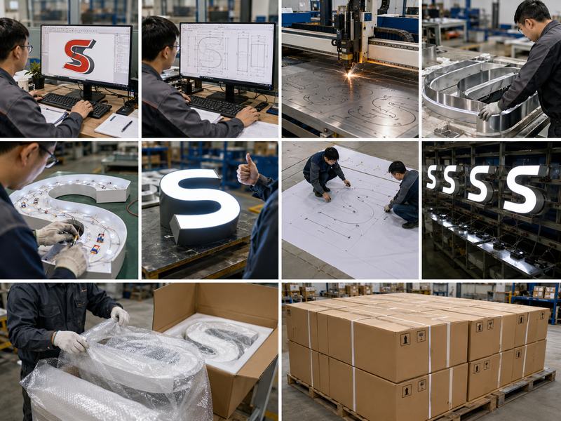 Commercial channel letter production workflow from engineering and fabrication to LED testing and protective packaging.