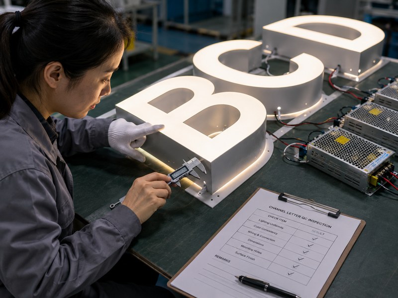 Quality control and lighting inspection for custom LED channel letters before shipment