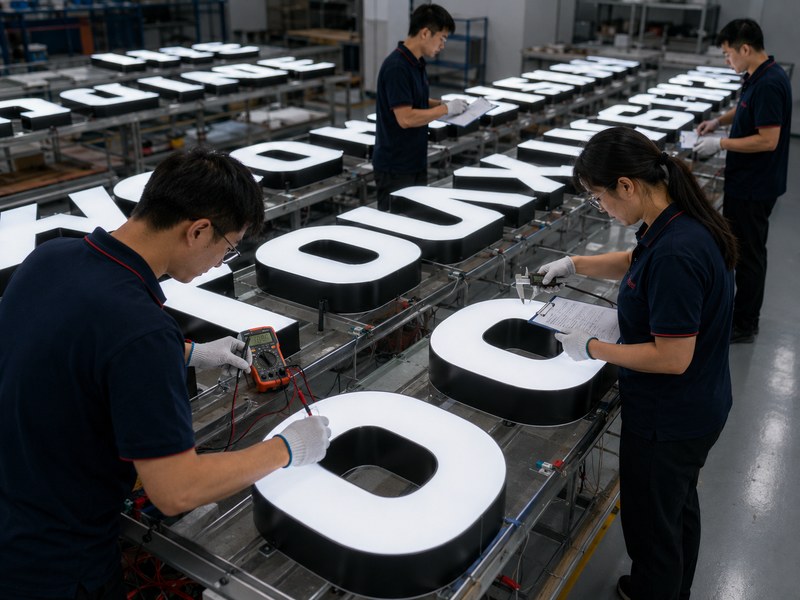 Finished channel letters undergoing illumination and quality testing