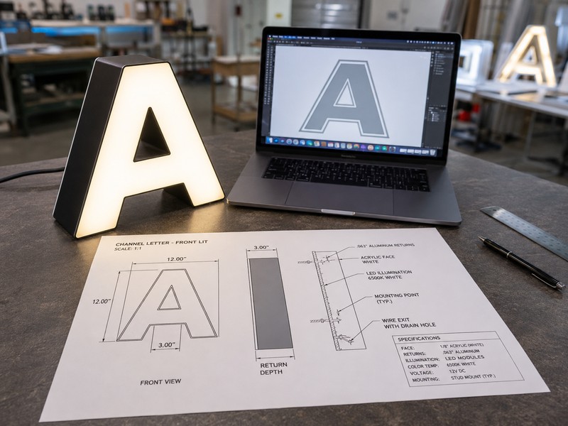 Channel letter shop drawing and specifications prepared for an accurate manufacturing quote