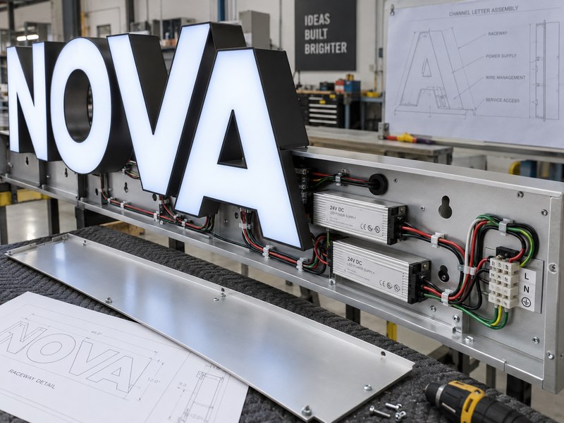 Channel letter raceway with organized wiring power supplies and service access