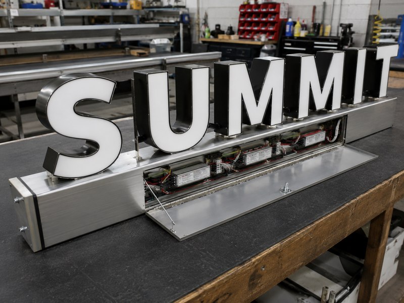 Channel letters preassembled on a metal raceway with wiring and power supplies