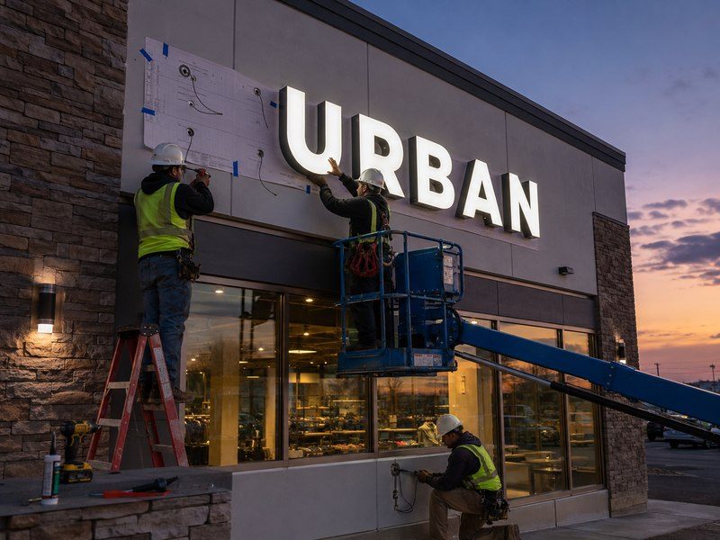 Professional installers mounting illuminated channel letters on a retail storefront