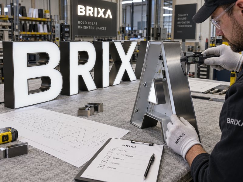 Inspecting channel letter structure, acrylic faces, metal returns and surface finish