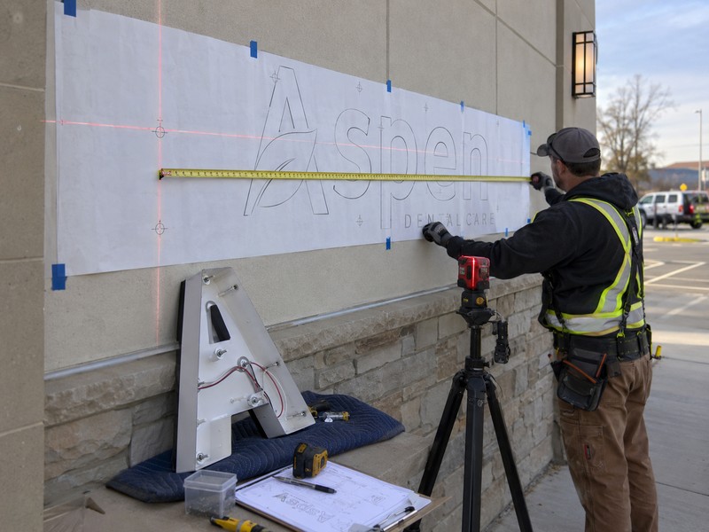 Installer checking channel letter template scale, alignment, stud positions, and wire exits before drilling