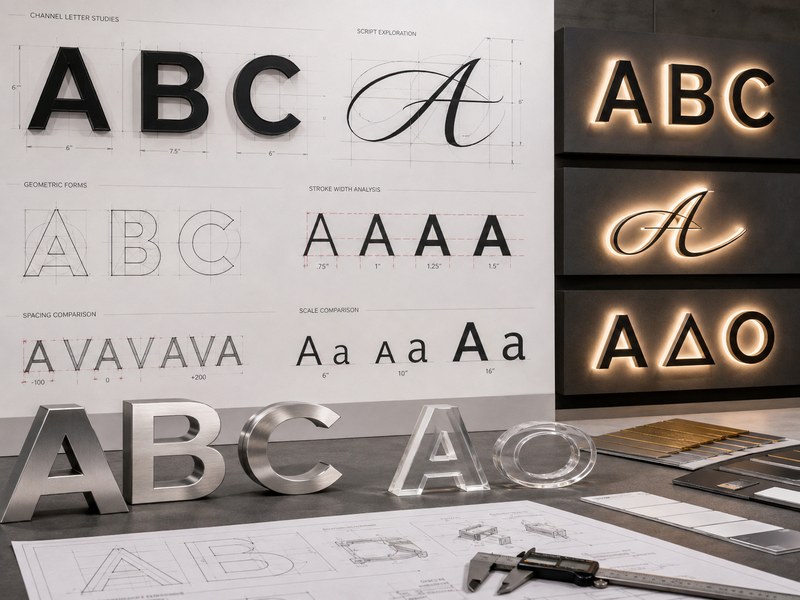 Channel letter typography development with fabricated letters, stroke width studies, spacing, and illuminated mock-ups.