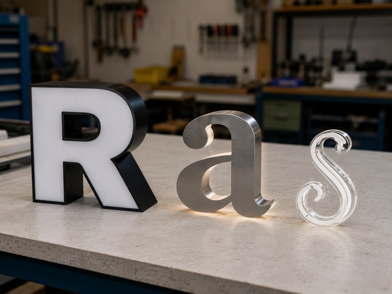 Different channel letter structures showing why one minimum stroke width does not fit every sign