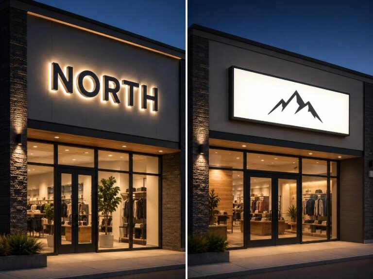 Channel letters and cabinet sign options for a commercial storefront