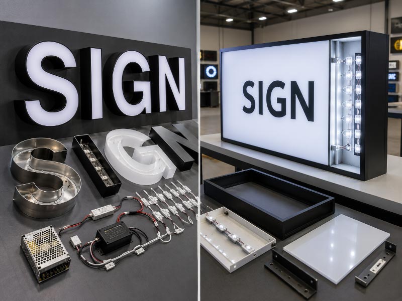 Channel letters and cabinet sign structure comparison for storefront signs