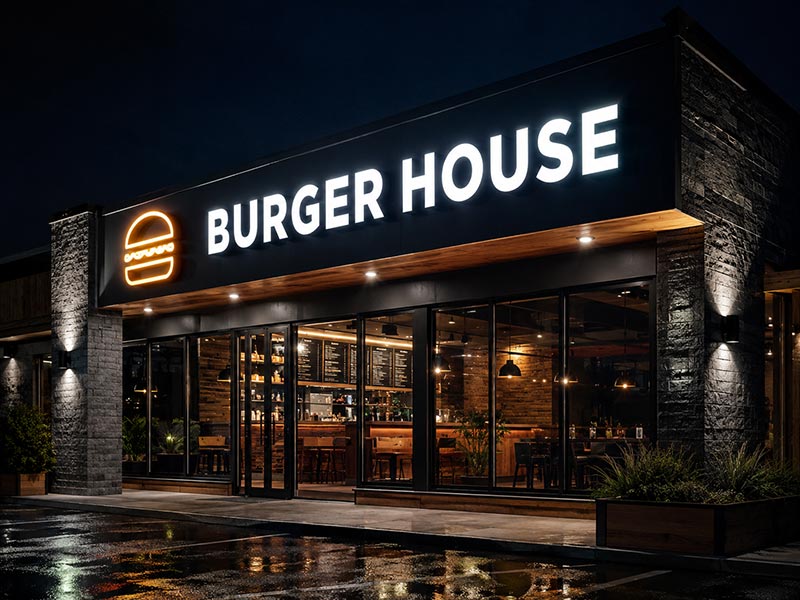 Outdoor LED channel letters sign glowing at night on building facade