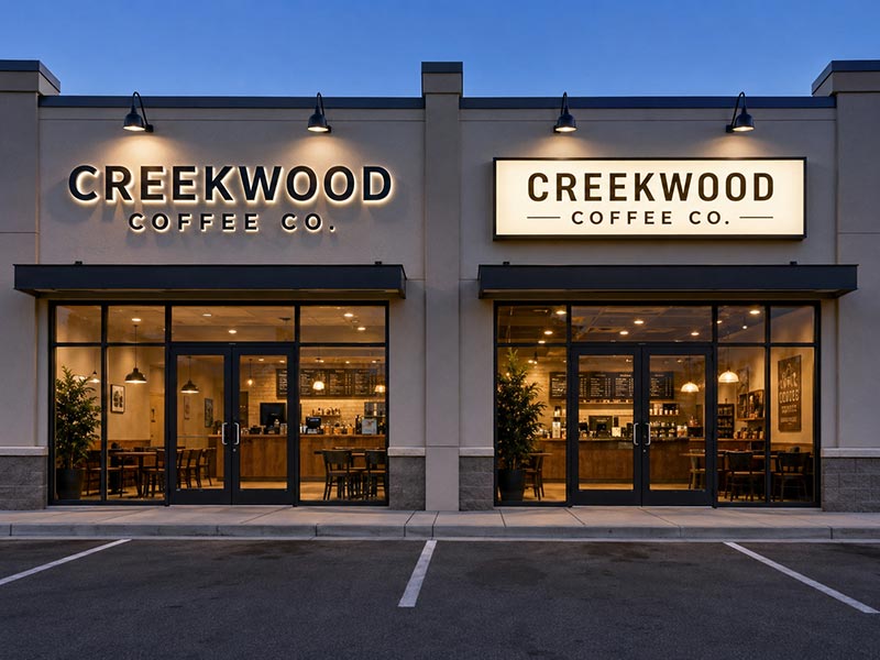 Comparison of channel letters and light box signs on two storefronts