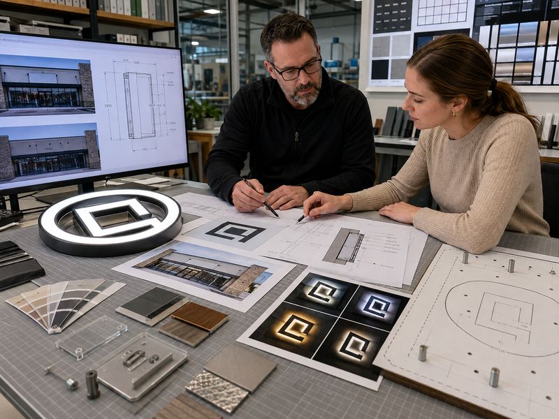 Engineer reviewing channel letters and acrylic LED logo sign options for a project