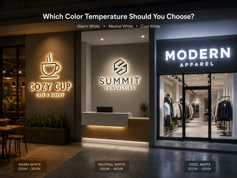 Commercial sign examples using warm white, neutral white, and cool white LED color temperatures