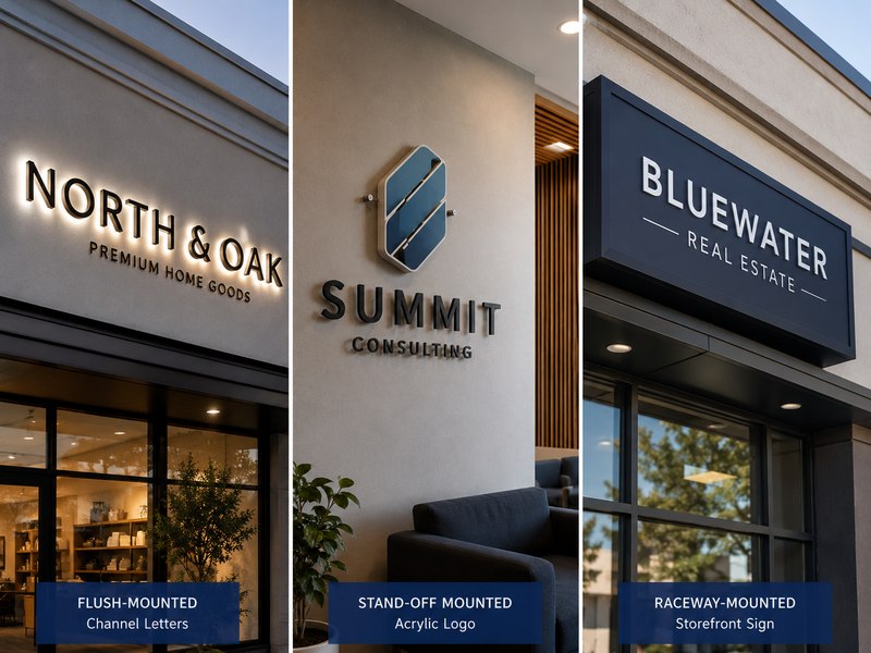 Different sign mounting methods for channel letters and logo signs
