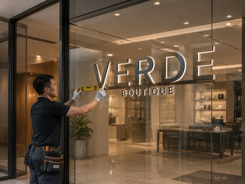 Clean channel letter mounting on glass with concealed fixings and accurately aligned letters