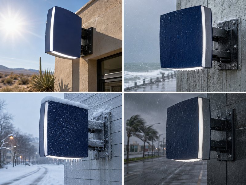 Outdoor commercial sign exposed to desert sun, coastal salt, freezing snow, and wind-driven rain