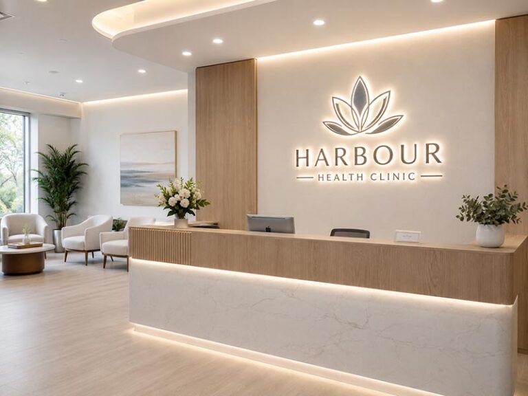 Custom LED sign for clinic reception area with soft backlit acrylic logo