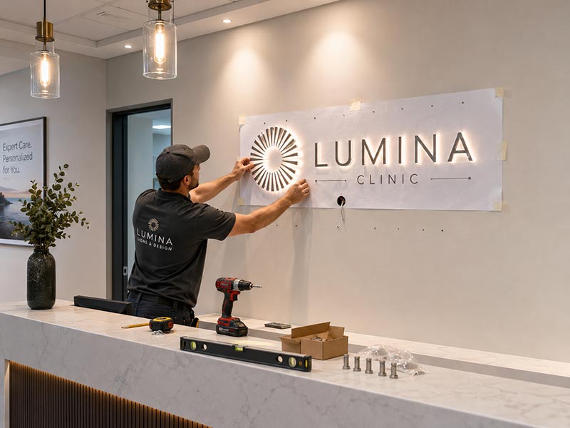 Installation details for clinic reception LED logo sign with hidden wiring