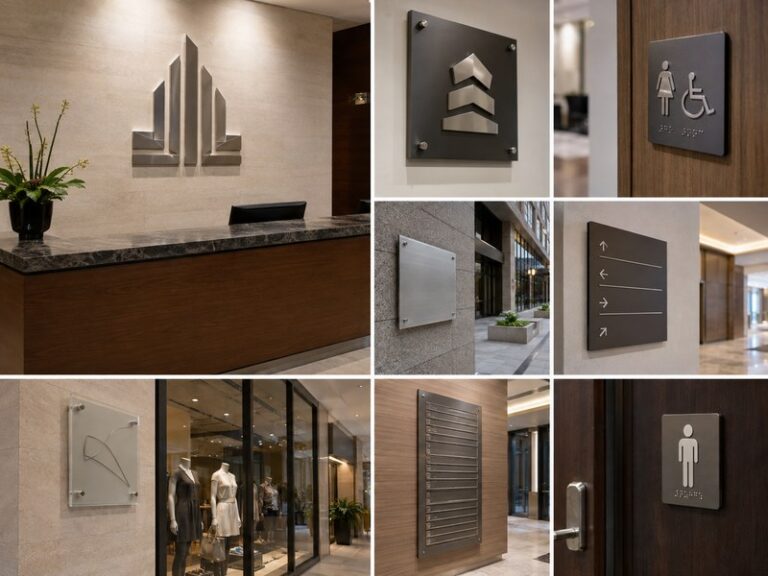 Commercial non-illuminated signage including metal letters, acrylic logos, plaques and wayfinding signs