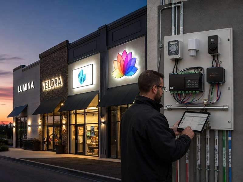 Commercial storefront signs connected to timer, dimmer, photocell and RGBW lighting controls