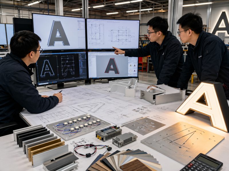 Commercial sign engineers reviewing CAD drawings, LED layouts, mounting details, and an illuminated prototype