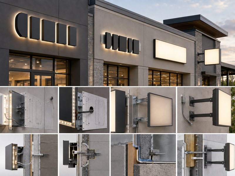 Commercial channel letter and light box installation planning on retail facade