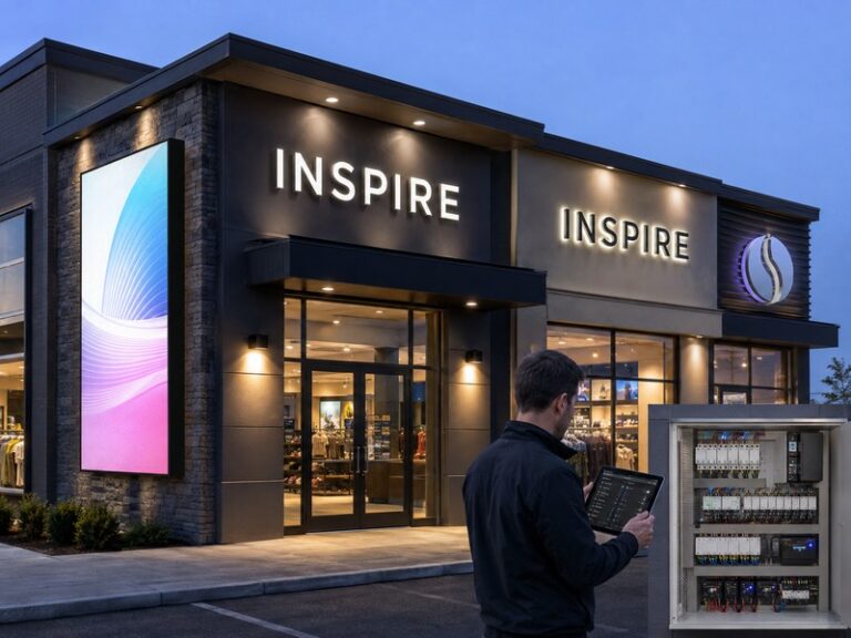 Commercial illuminated signs with professional lighting controls for brightness, scheduling and RGBW operation
