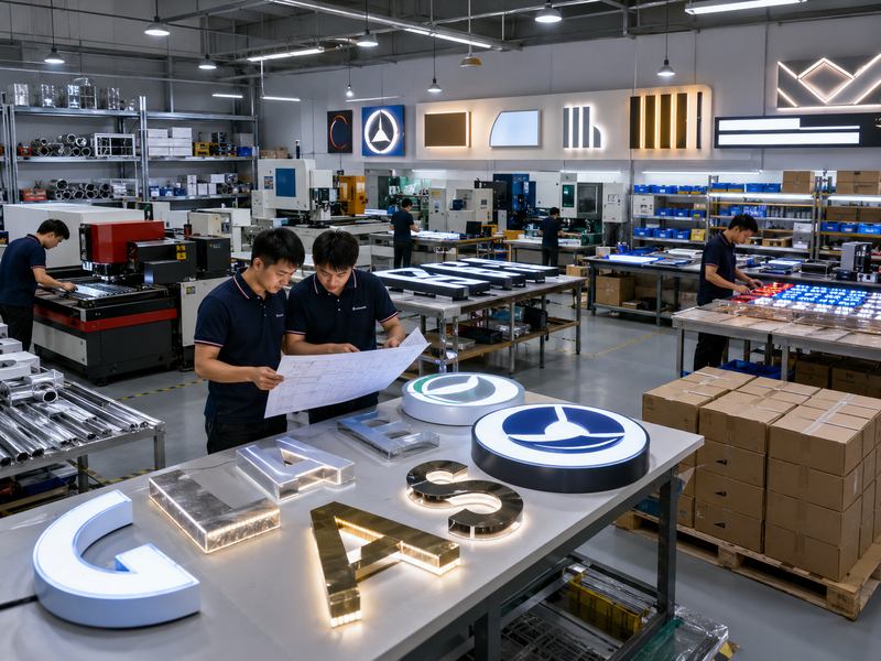 Organized commercial sign manufacturing facility with channel letters, light boxes, and quality-control stations