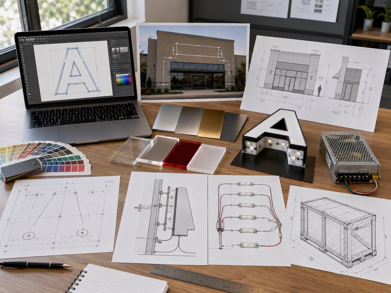 Commercial illuminated sign project planning with drawings material samples and mounting details