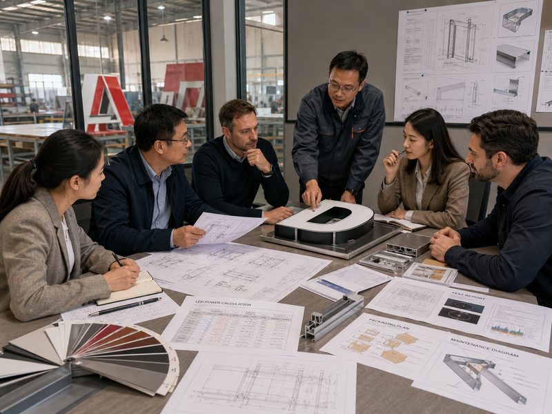 Commercial sign project review meeting with engineers and procurement teams examining technical drawings, material samples, LED calculations, and a modular channel letter prototype