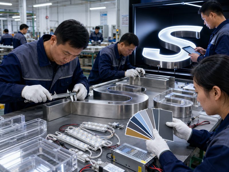 Inspectors checking channel letter dimensions, finishes, wiring, and LED illumination during sign quality control