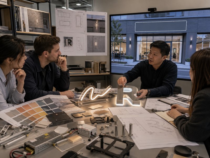 Sign engineer comparing LED neon and halo-lit channel letter options for a commercial project