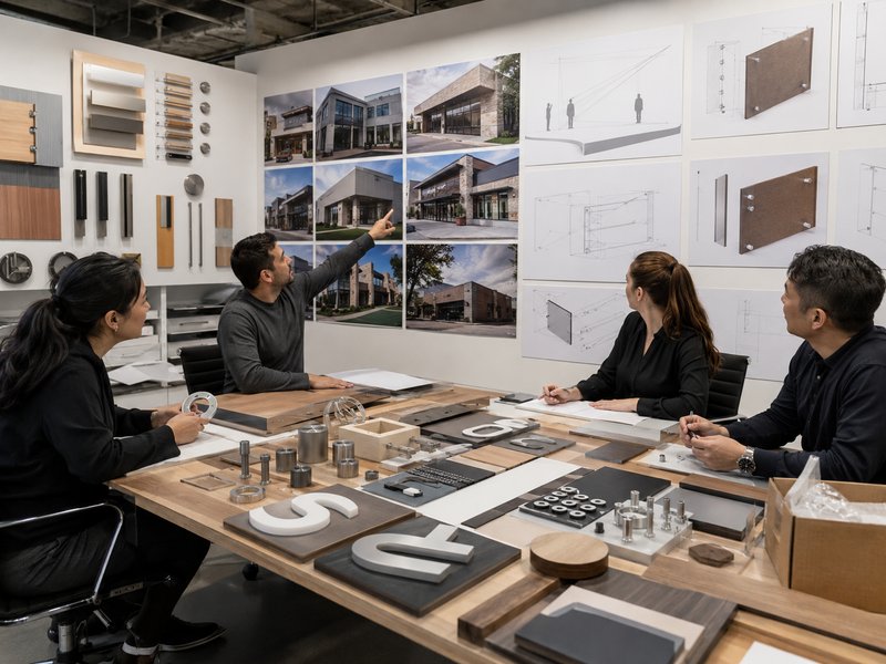 Commercial sign selection process with material samples, mounting systems and project drawings